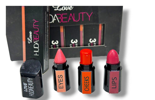 Huda Beauty 3 in 1 Professional Eyes, Cheeks & Lips Set – Multipurpose Lipsticks with Smooth Texture, Long-Lasting Color & Versatile Makeup Look - HILWA